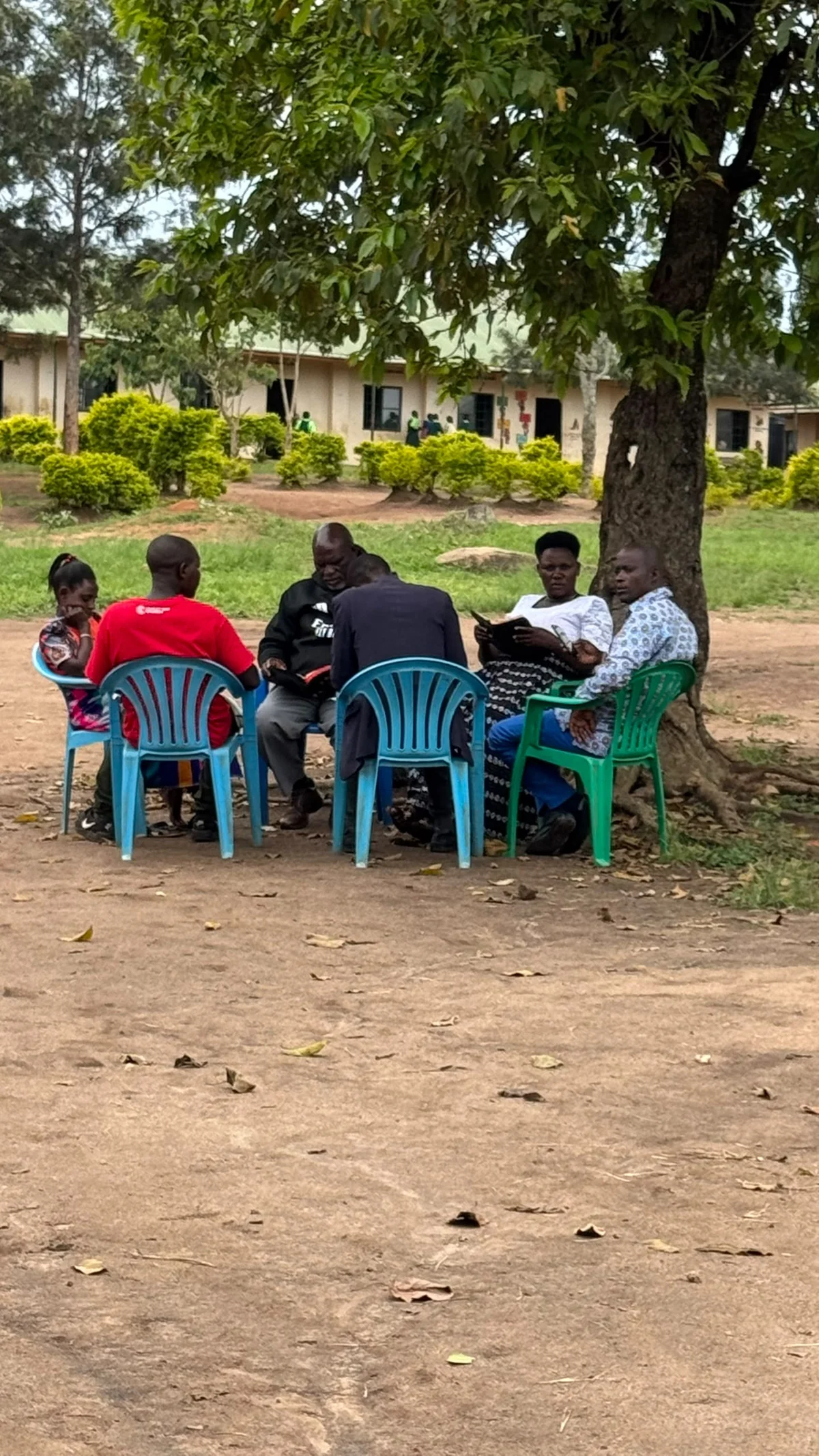A circle of pastors studying books beneath a tree.